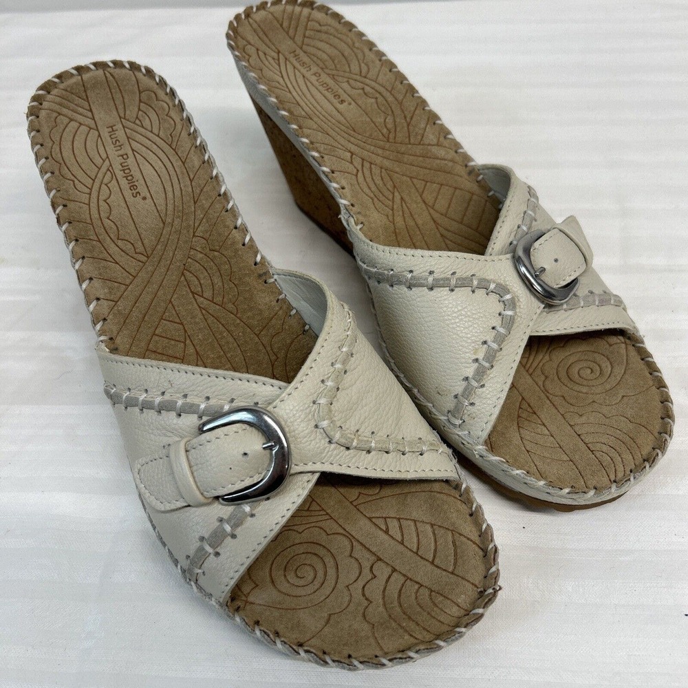 Hush Puppies Sandals Womens 10 Slide Wedge Slip On Cream Leather Casual Open Toe